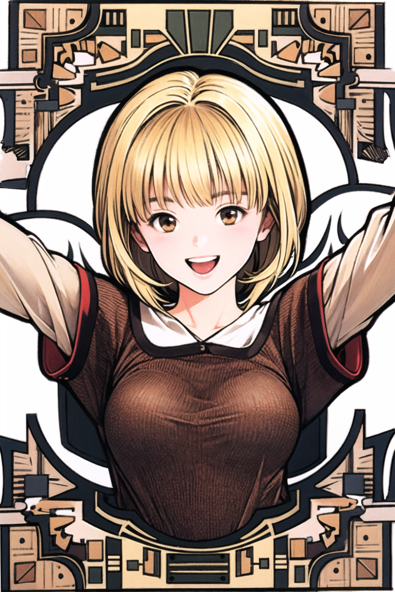 04720-599241092-1girl, solo, short hair, smile, open mouth, arms up, upper body, white background, brown hair, brown eyes, long sleeves, _d, sim.png